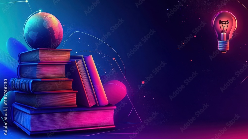 Aufkleber global education and knowledge: a stack of books topped with a globe and illuminated by an idea bulb