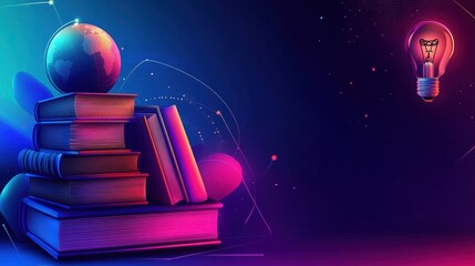 Obraz premium Global Education and Knowledge: A Stack of Books Topped with a Globe and Illuminated by an Idea Bulb