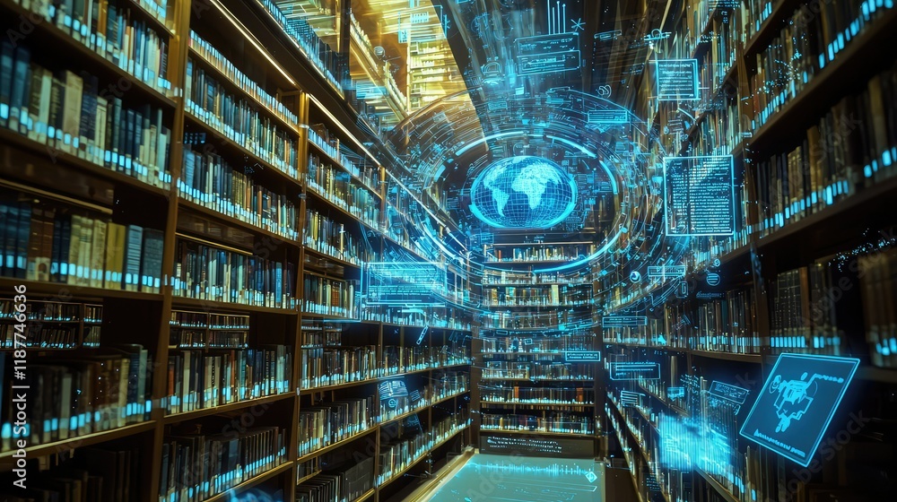Poster digital transformation in a modern library with virtual elements