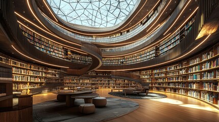Obraz premium Modern Library Interior with Spiral Staircase and Skylight Design
