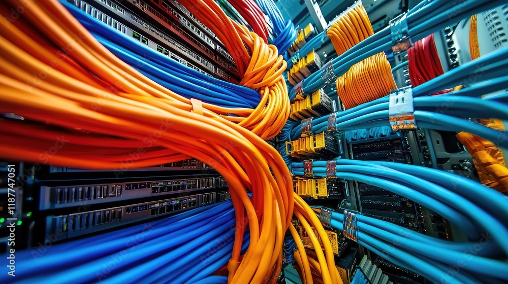 Poster colorful ethernet cables inside data center for networking equipment