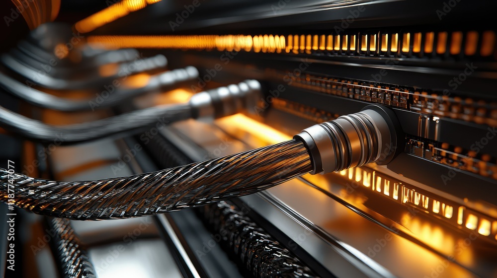 Poster close-up view of cables and connectors in a server room environment