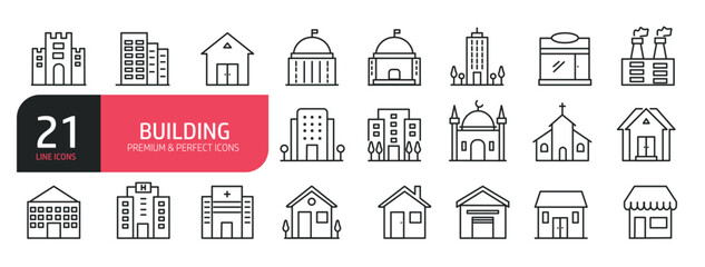 Set of line icons related to building, house, hotel, store, factory. Outline icons collection. Editable stroke. Vector illustration.