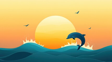 Vibrant Sunset Over Waves with Joyful Dolphin Leaping and Birds Flying, Capturing the Essence of Serenity and Nature's Beauty in a Tranquil Seascape