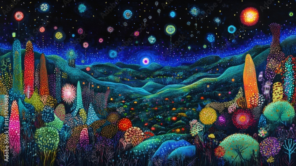 Aufkleber vibrant microscopic landscape showcasing glowing viruses in a surreal environment of vivid colors. g