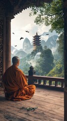 Fototapeta premium Serene Monk Meditating in Tranquil Mountain Landscape