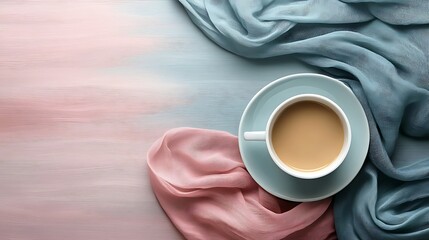 Coffee cup on pastel background with fabric. Perfect for blogs, websites, or social media