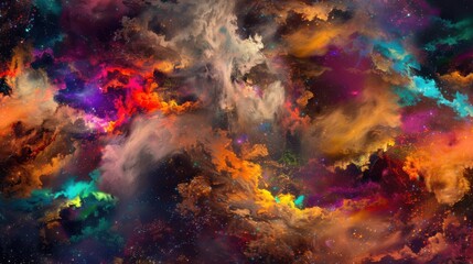 a cosmic dance of abstract shapes and vivid colors, white space in the center of the page for text, bold and dynamic hues pulsating against a dark