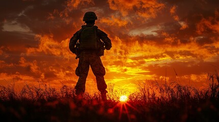 Soldier silhouette at sunset - male adult in military uniform against dramatic sky