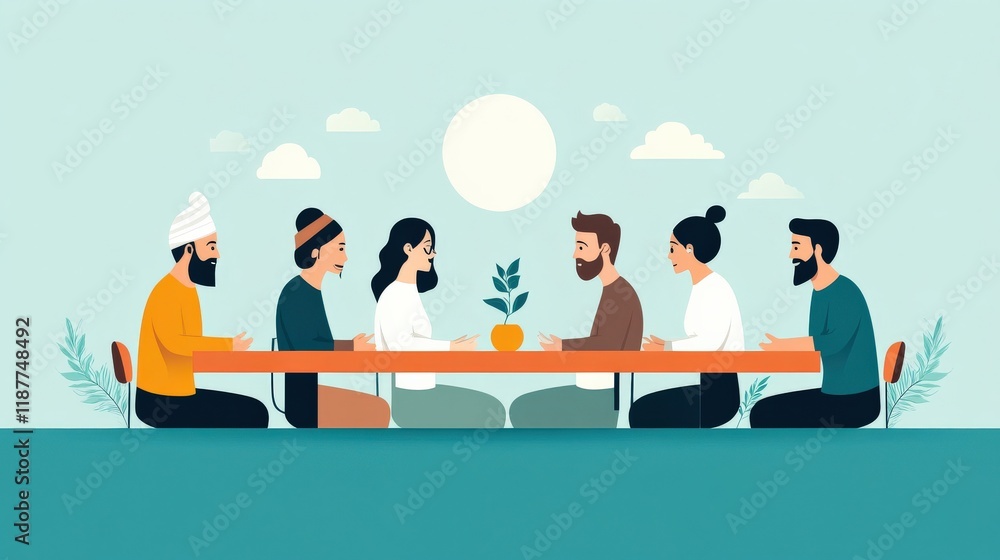 Poster a diverse group of people sitting around a table engaging in meaningful conversation with a potted p