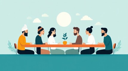 A Diverse Group of People Sitting Around a Table Engaging in Meaningful Conversation with a Potted Plant and Sun in the Background for Connection and Community Building