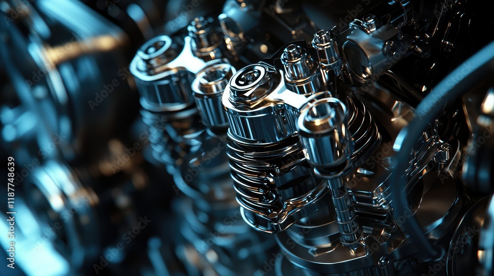 Aufkleber close-up view of engine components with reflection and detail