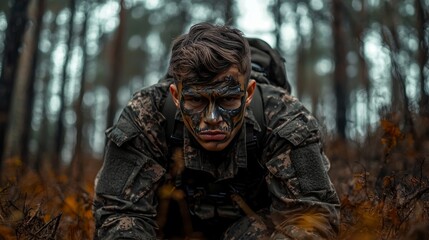Caucasian young male soldier with camouflage face paint in forest setting