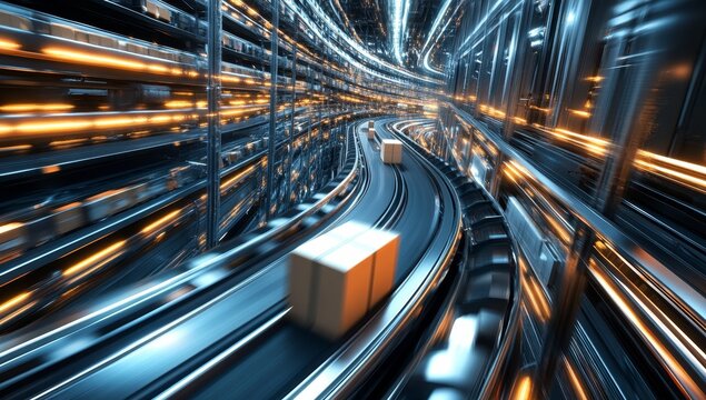 Cardboard boxes on a futuristic conveyor belt system in a warehouse.
