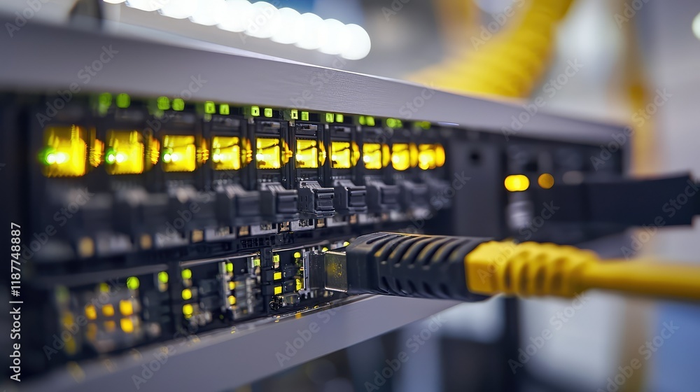 Poster close-up view of network switch with yellow ethernet cables connected