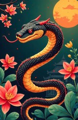 Obraz premium A striking snake with vivid scales twists among colorful blossoms, illuminated by a golden moon. This enchanting artwork merges nature and mythical allure in a captivating setting.