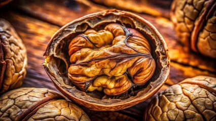 Fototapeta premium Close-up of Cracked Walnut Shell with Textured Surface and Earthy Tones for Food and Nature Photography