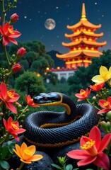 Fototapeta premium A striking black snake coils around vibrant flowers under the moonlight. In the background, a traditional pagoda glows warmly, surrounded by lush greenery, creating a captivating night scene.