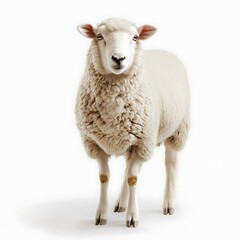 Fototapeta premium Fluffy sheep standing, white background, farm animal, wool