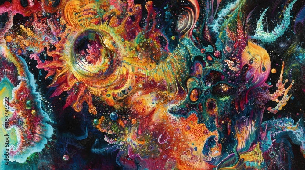 Poster virus undergoing complex transformation and mutation in a vibrant cosmic landscape with swirling col