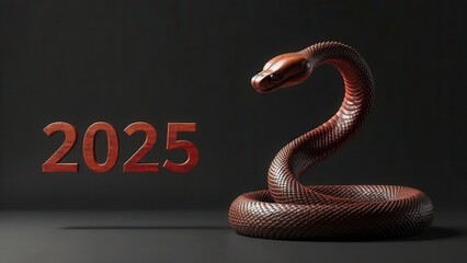 A striking snake sculpture poses beside the numeral 2025 on a dark background, showcasing its intricate scales and symbolizing the upcoming year.
