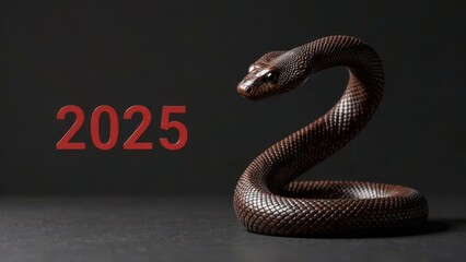 Obraz premium A striking brown snake coils gracefully against a dark background, its scales glistening. Bold red numbers signify the year 2025, adding a modern touch to the natural beauty of the serpent.
