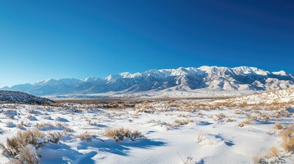 Snowy Mountain Range Under Clear Blue Sky with White Landscape