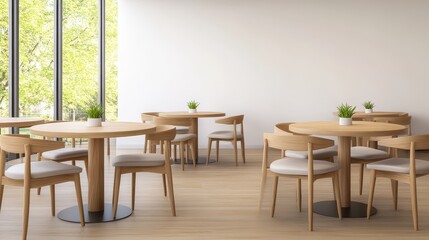 Modern café interior with wooden tables and chairs in sunlit room