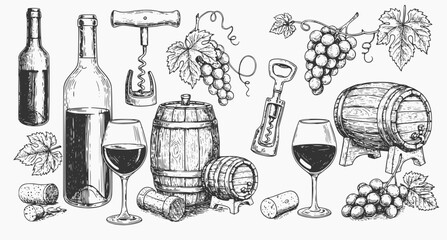 Wine stuff illustration, drawing, engraving, ink, line art, vector
