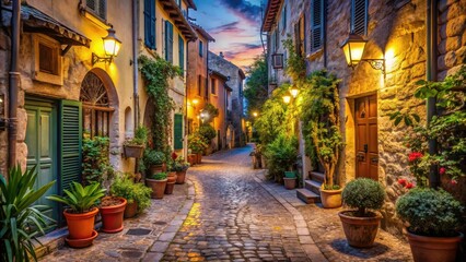 Naklejka premium Enchanting Night Photography of an Alley in Antibes Old Town, French Riviera - Cobblestone Streets, Historic Architecture, Soft Lighting, and Vibrant Colors Create a Timeless Atmosphere