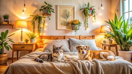 Cozy Companions: A Cat and Dog Sleeping Peacefully on a Bed in a Warm, Inviting Room, Perfect for Pet Lovers and Home Decor Inspiration