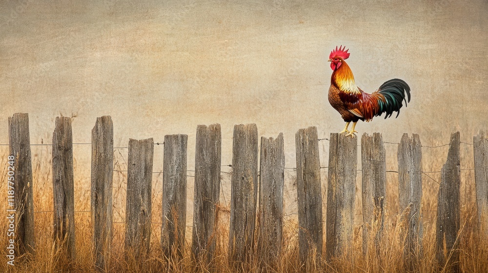 Poster colorful rooster stands proudly on a rustic wooden fence at dawn with a serene background of golden 