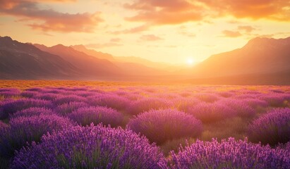Sunset over vibrant lavender field in mountainous landscape.