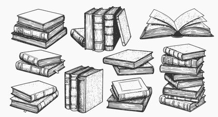 Print Book collection illustration, drawing, engraving, ink, line art, vector
