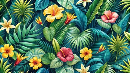 Fototapeta premium Tropical seamless pattern featuring a lush arrangement of palm leaves and colorful exotic flowers in shades of green