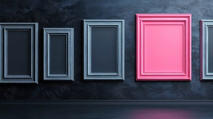 Pink Picture Frame Stands Out Among Grey Frames on a Dark Wall