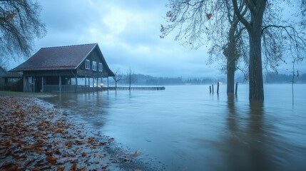 Serene Flooded Landscape with House Surrounded by Water and Trees
