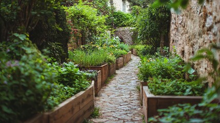 Fototapeta premium Tranquil Garden Pathway Surrounded by Lush Greenery and Flowers