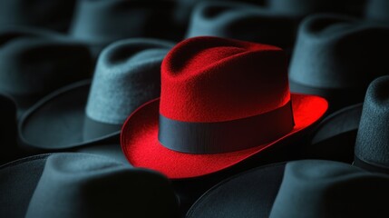 A Red Fedora Stands Out Among a Crowd of Black Hats