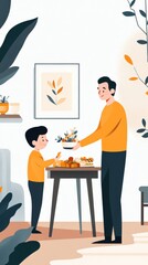 Fototapeta premium A father and son bonding over a colorful home-cooked meal in a cozy living space with modern decor and lively plants, creating joyful family memories together.