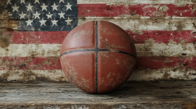 Vintage Basketball on a Rustic Table with American Flag Background