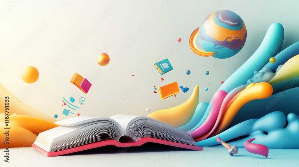 Aufkleber open book surrounded by vibrant abstract shapes and floating books illustrating the wonders of readi