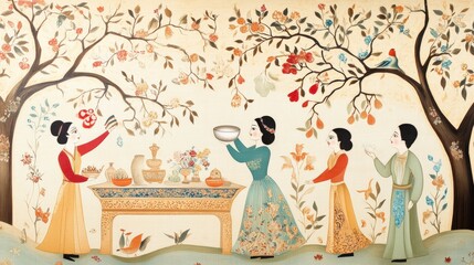 Women Engaged in Traditional Culture Surrounded by Floral Motifs and Decorative Elements in a Vibrant Outdoor Setting