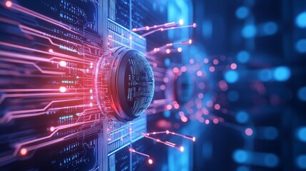 Futuristic data flow in digital circuit board with glowing connections
