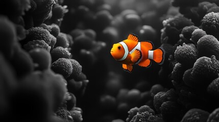Lone Clownfish in a Black and White Coral Reef