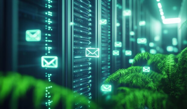 Server room with email icons and plants.