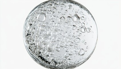 Close-up of clear liquid with air bubbles in a petri dish.