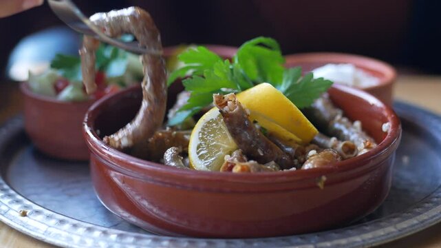 closeup of Turkish iskembe (tripe) dish