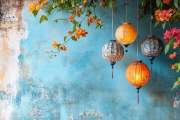 Obraz premium Colorful lanterns and orange flowers against a blue textured wall