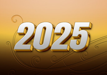 3d Rendering Illustration of an artistic white golden 2025 design.